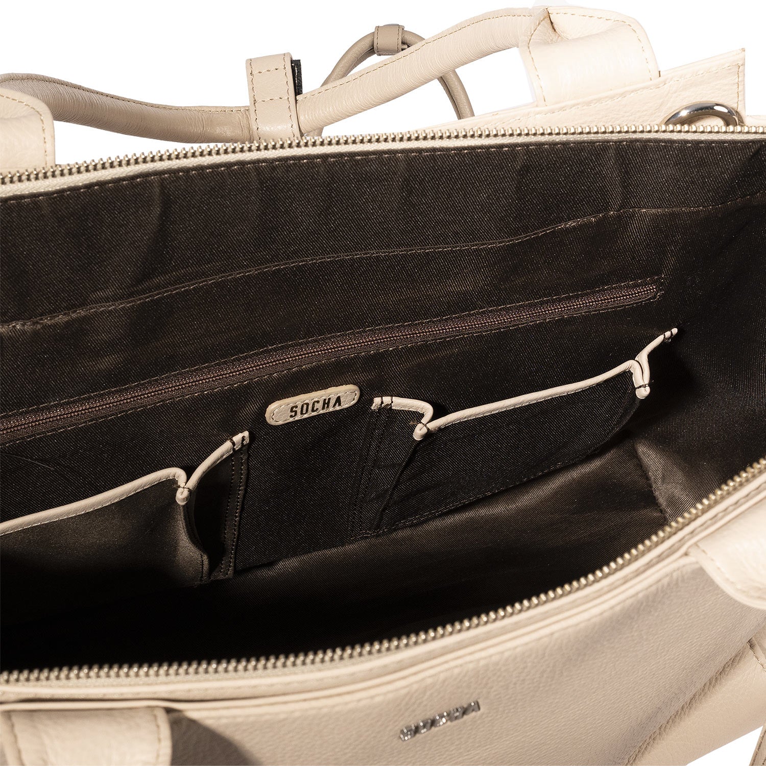 Socha laptoptas leer Diamond Caddy Vanilla 15″-17.3 inch SO-D32 beige binnenvakken