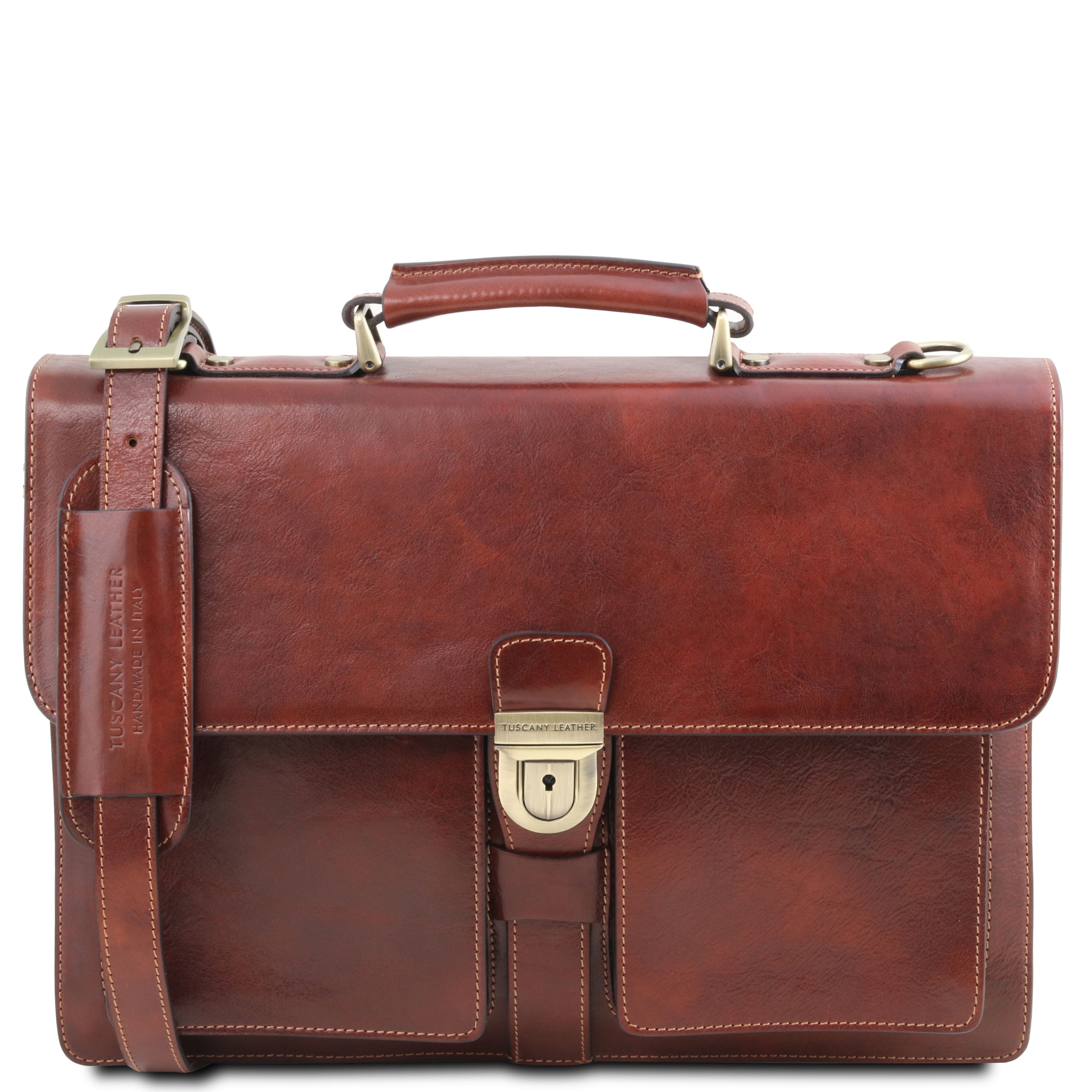 Tuscany Leather Assisi leren aktetas voor heren 3 compartimenten voorkant tas bruin