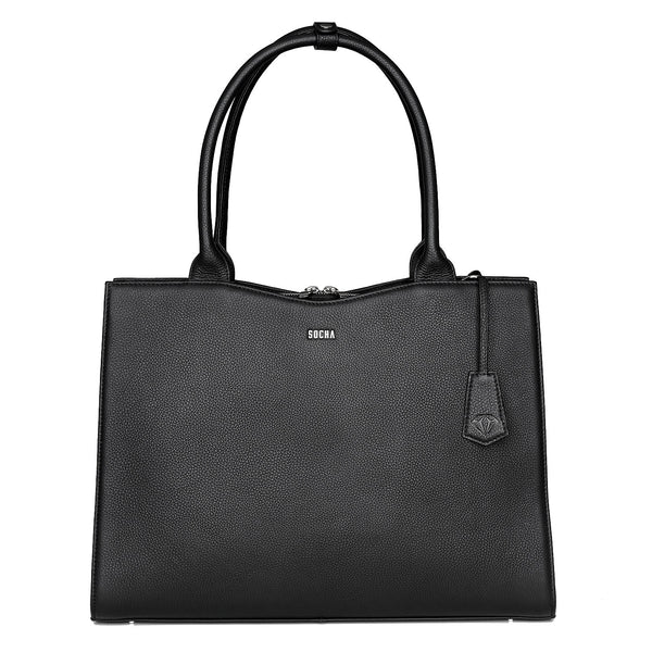 Socha straight line zwarte leren tas 15.6 inch werktas voor dames voorkant tas