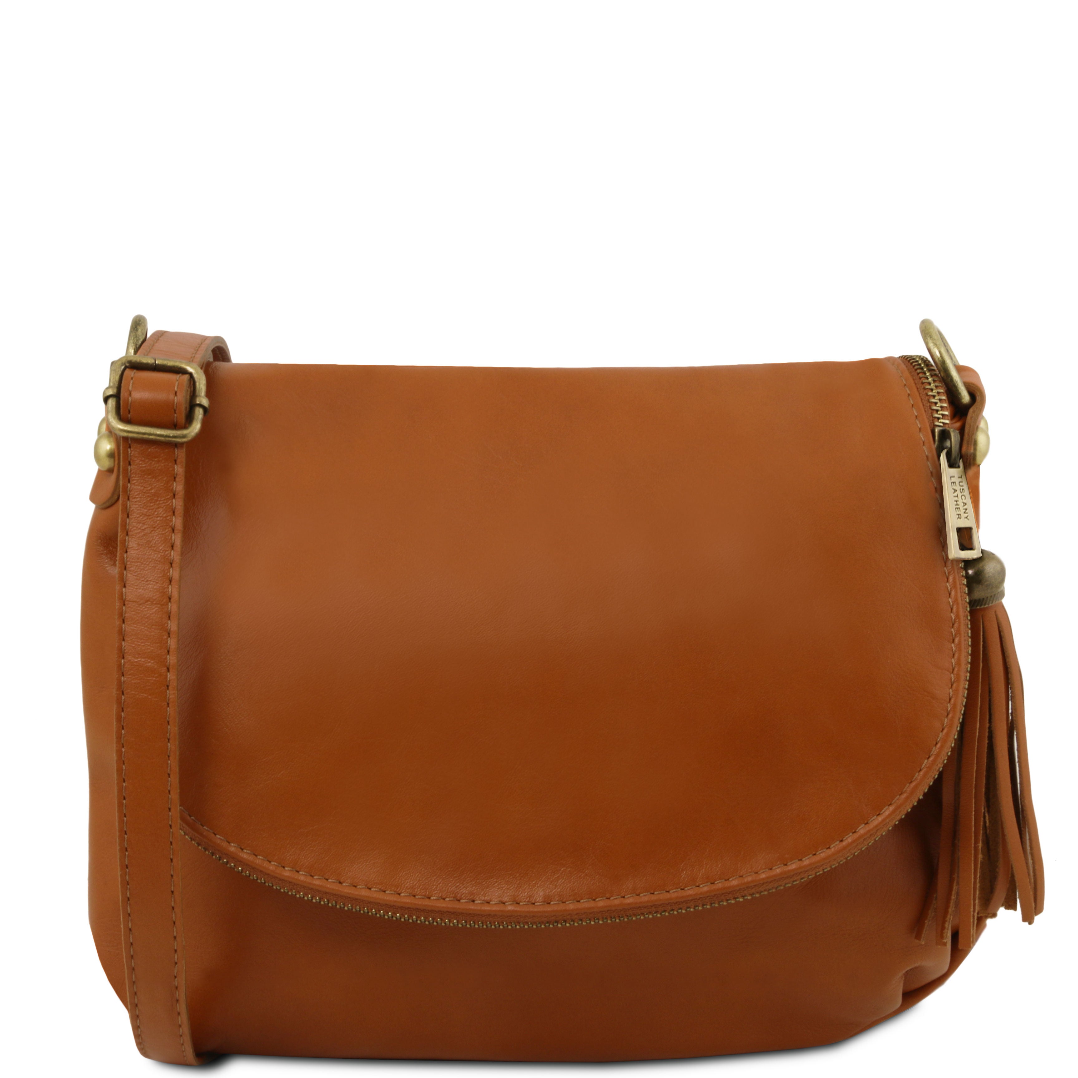 Tuscany Leather TL Bag dames crossbody tas van zacht leer met kwastje voorkant tas cognac